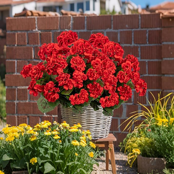 Uqueeten Artificial Flowers for Outdoors Artificial Geranium,8PCS Fake Flower Geranium Artificial Plant Home Decor,Silk Geraniums Artificial Flowers Realistic Outdoor Flower Decoration (Red) 14.4"