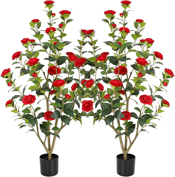Nafresh 4FT Lush Artificial Red Camellia Tree Outdoor 2 Pack, 48inch Faux Camellia Plant, Fake Camellia Flowers Tree for Indoor Outdoor Living Room Home Patio Front Door Garden Decor