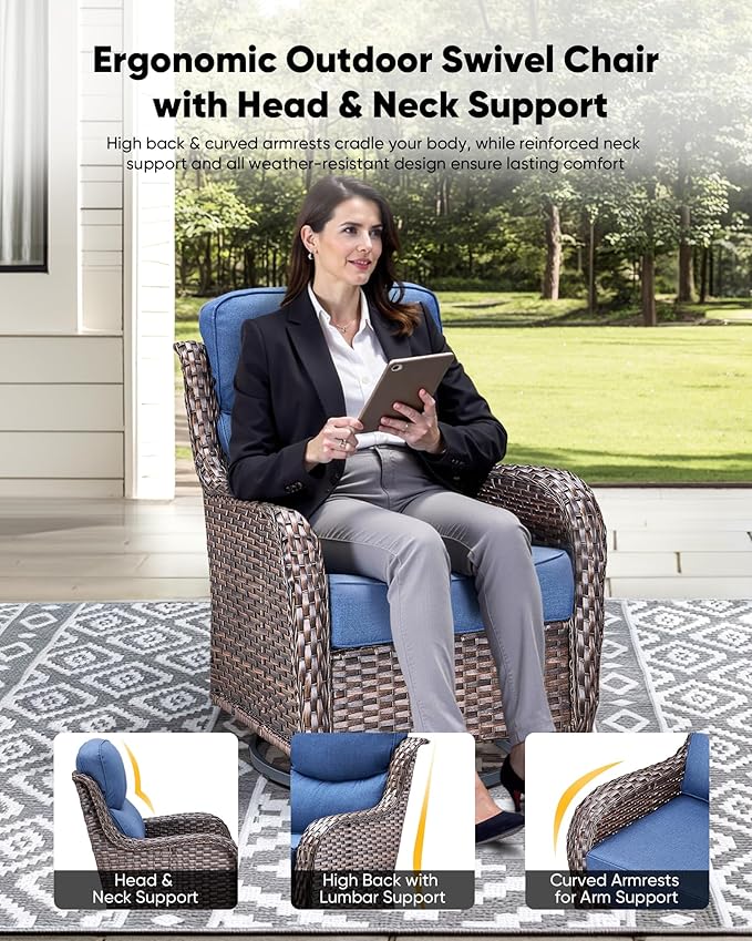 HUMMUH Wicker Patio Furniture Set 6inch Thick Cushion Deep Seat Outdoor Swivel Rocker Patio Chairs Set of 2 with Ottomans Conversation Set for Porch Garden Deck