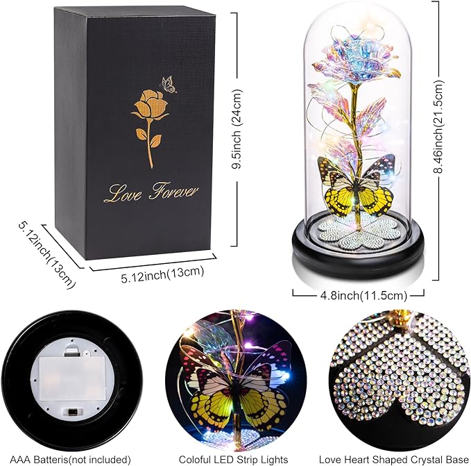 Valentines Day Rose Gifts for Her Birthday Gift for Women Galaxy Glass Rose in Glass Dome Forever Eternal Crystal Roses with Butterfly Valentines Day Gifts for Daughter Mom Wife Girlfriend Colorful