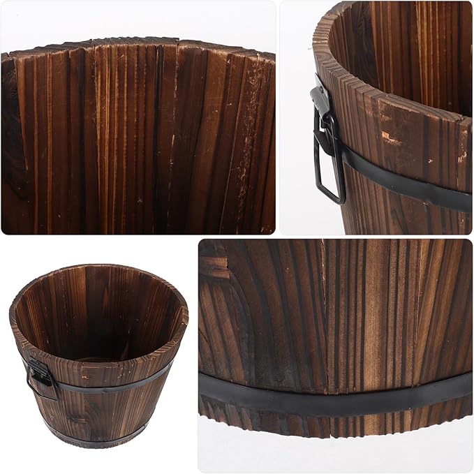 Yardwe Solid Wood Bucket Planter with Drainage Hole Rustic Carbonized Wooden Flower Pot for Indoor and Outdoor Balcony Decor Vintage Succulent Plant Container 11.81 X 9.44 X 9.05 Inch