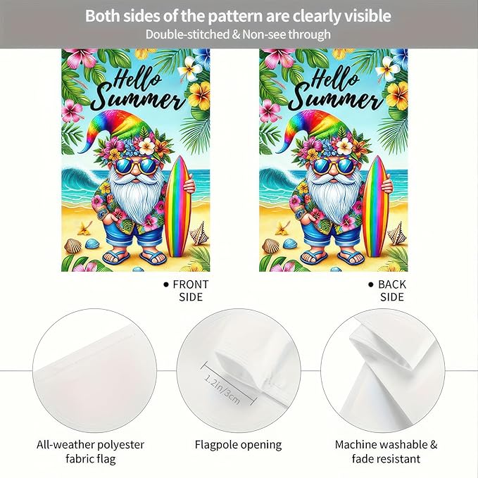 Hello Summer Garden Flag Beach Gnome Flag 12x18 Inch Double Sided Welcome Summer Holiday Yard Flag Outside Decoration Farmhouse Outdoor Small Decor