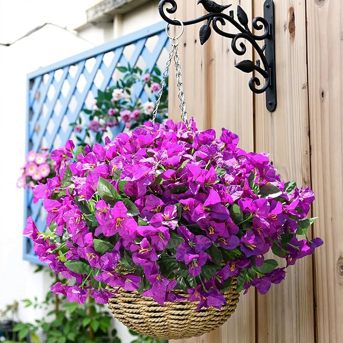 Fake Bougainvillea Artificial Flowers for Outdoors Spring Summer Decor, 4 Bundles Realistic Faux Silk Outside Flowers UV Resistant Faux Plants for Planter Patio Front Door Window Garden Home, Purple