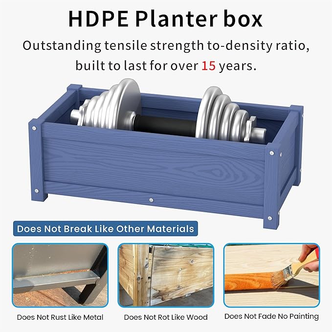 HDPE Planter Box, All-Weather Outdoor Garden Bed Easy to Assemble, Drainage System, Low Maintenance, Non-Fading, for Flower/Herb/Seed (Navy)