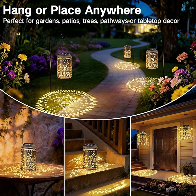 OUTONLIFE Dragonfly Outdoor Solar Lanterns, Waterproof Metal Hanging Solar Lights for Outside Yard, Garden, Patio, Lawn, Pathway Decorations, Birthday Gifts for Women Mom Grandma