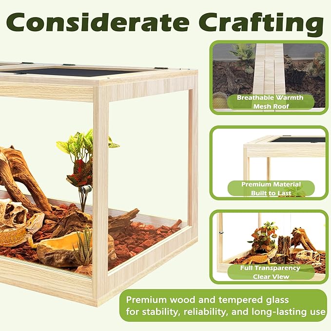 Prolee Tempered Glass Bearded Dragon Tank,Reptile Encloure and Snake Tank with Metal Mesh Roof Door,Locking Design Reptile Tank for Lizard,Gecko,Chameleon (Oak, 81 Gallon (48x20x20) Inch)
