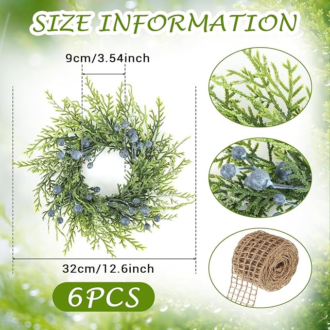 6 PCS Small Winter Blue Berry Cabinet Wreath Artificial Mini Kitchen Wreaths Vintage Swags Wreath with Retro Burlap Ribbon for Farmhouse Rustic Home Front Door Window Pillar Wedding Chair Wall