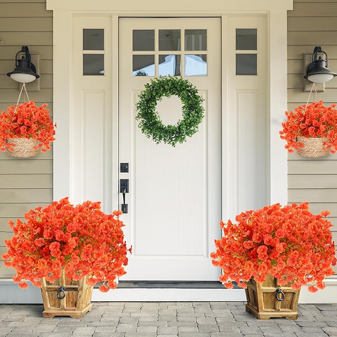 Artificial Flowers for Outdoors 12 Bundles Realistic Faux Plants UV Resistant Fake Silk Morning Glory with Eucalyptus for Front Door Planter Patio Porch Fall Thanksgiving Autumn Decoration (Orange)