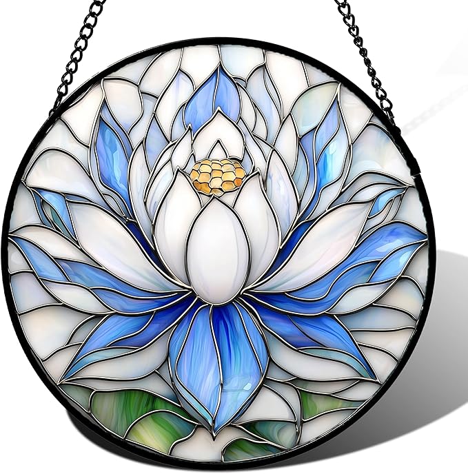 HWRHTR Stained Glass Window Hanging - Blue and White Lotus Petal Suncatcher for Doors Window Home Sun Catchers Decor Christmas Mother's Day July Birthday Gifts for Teacher Women Men Mom Nana 14.9 in