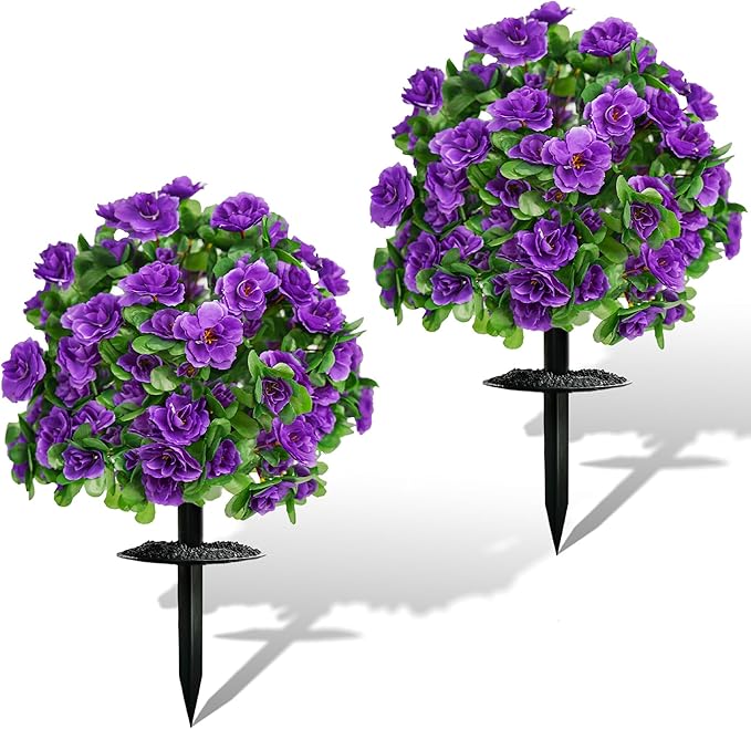 AZXVT Artificial Flowers for Outdoors, Faux Outdoor Plants Fake Plants Topiary Balls Artificial Outdoor Set of 2 with Ground Spike for Home Front Porch Patio Garden Decor (Purple)