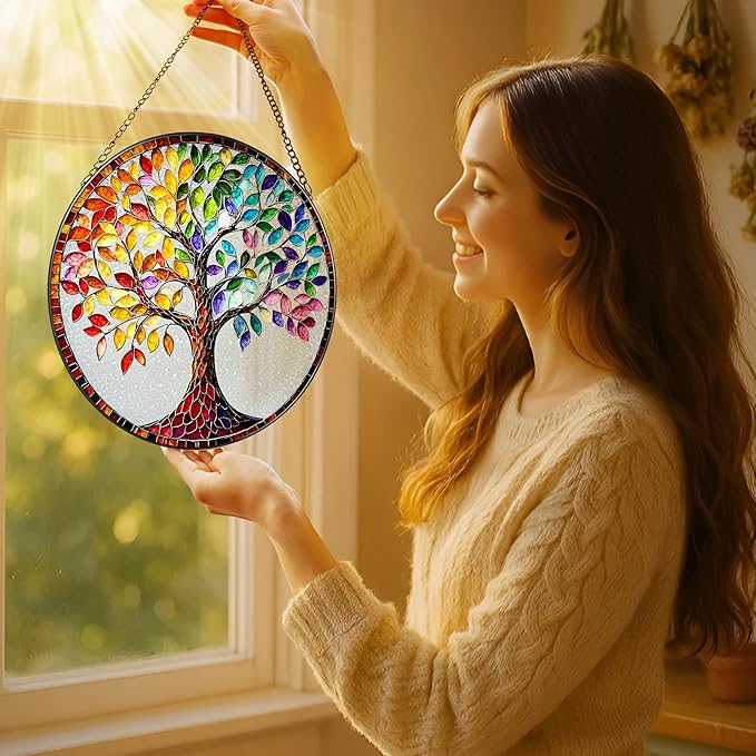 LAOWEIKI 8'' Tree of Life Sun Catcher Ornament, Stained Glass Window Hanging, Suncatchers for Windows Hanging Ornaments, Window Decor | Housewarming Gift, Gifts for Mom & Grandma