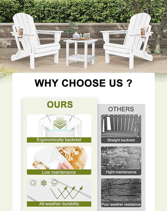 Folding Adirondack Chairs Set 6- Plastic Adirondack Chairs with Cup Holder, Weather Resistant for Outdoor, Patio, Lawn, Garden, Backyard Deck, Fire Pit - White