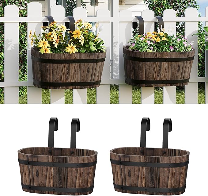 Wooden Hanging Planter for Railing Fence Outdoor Planter Railing Planter Boxes for Plants Wall Planters Window Flower Box Hanging Bucket Pots Countryside Plant Holder (Carbonized,2pcs,Small)