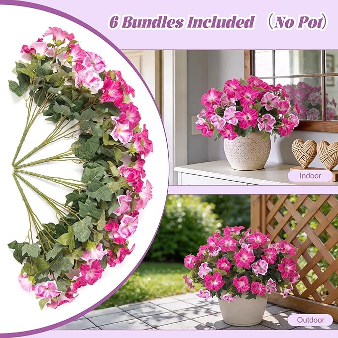 Ammyoo 6 Pcs Artificial Flowers Fake Petunias for Outdoors, Faux Flowers for Outdoor Planter, UV Resistant Realistic Fake Plants for Outside No Fade for Garden Porch Patio Indoor Room Decor(Fuchsia)