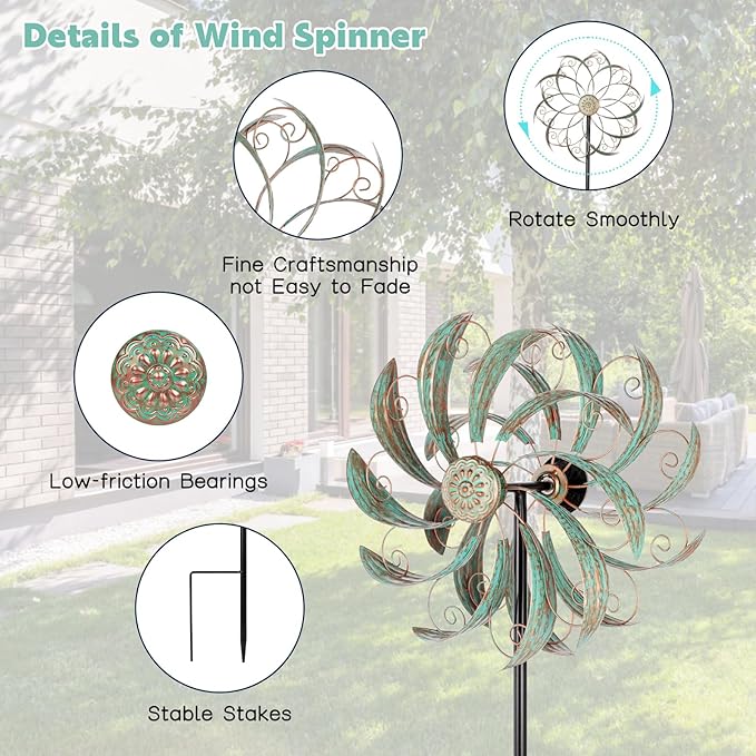 VEWOSTAR Wind Spinners Outdoor Wind Spinner Metal 13” Dia Wind Spinners for Yard and Garden Decor Pinwheels Wind Sculptures & Spinners(57” H)