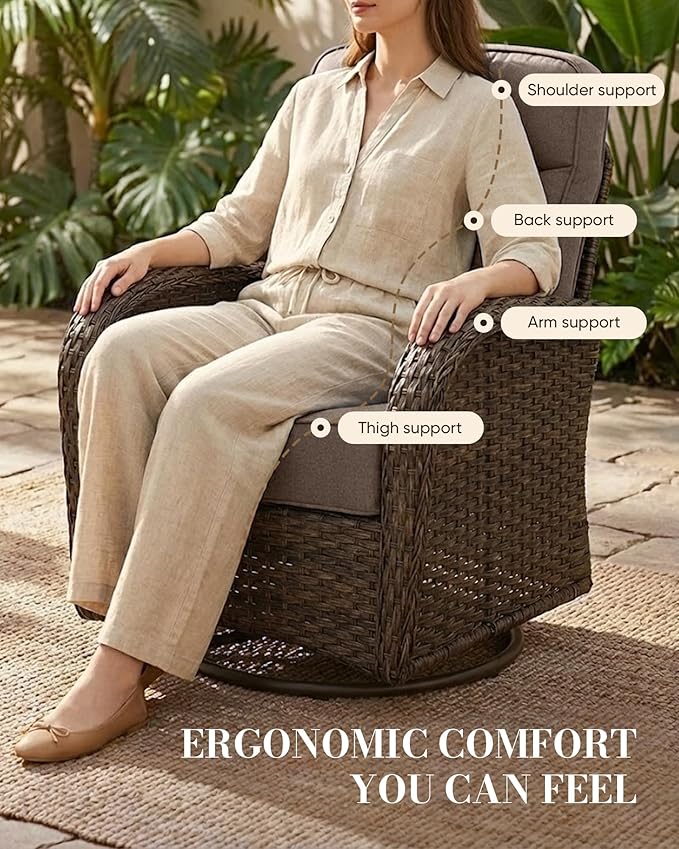 Belord Upgraded 6“ Cushion Luxury Patio Furniture Set with Fire Pit Table - 7 Piece Wicker Furniture Set with High Back Swivel Rocker Patio Chairs, Conversation Set for Deck Porch Yard - Brown/Grey