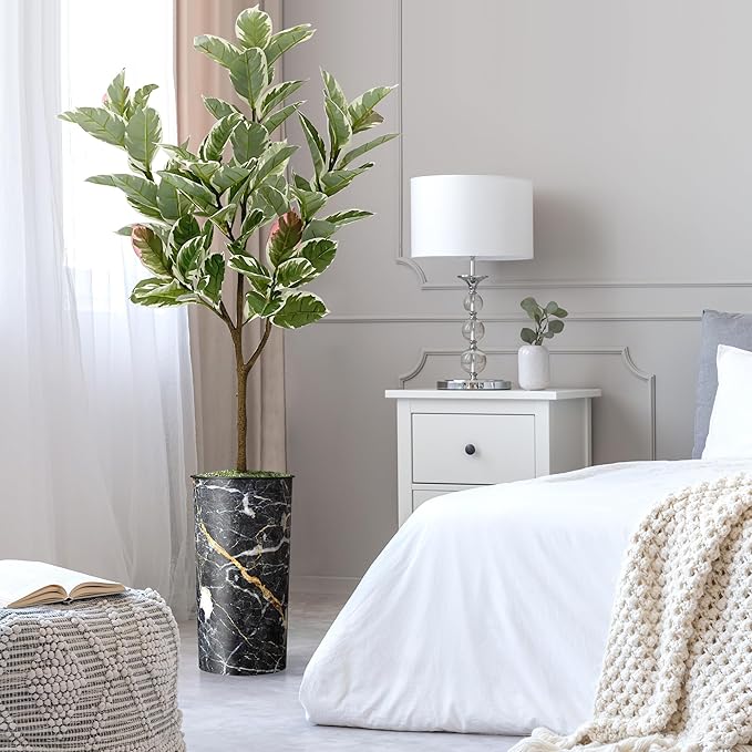 Artificial Tree in Modern Granite Effect Planter, Fake Rubber Silk Tree for Indoor and Outdoor Home Decoration - 70" Overall Tall (Plant Pot Plus Tree)