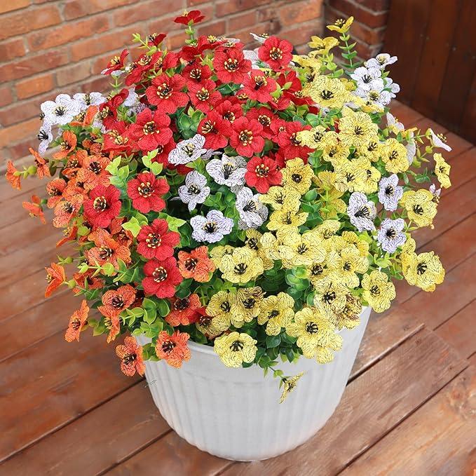 BCBLF Artificial Flowers for Outdoors UV Resistant, 12 Bundles Realistic Silk Flower Faux Fake Plants for Porch Patio Yard Planters, Spring Summer Home Garden Decor, Rose Red