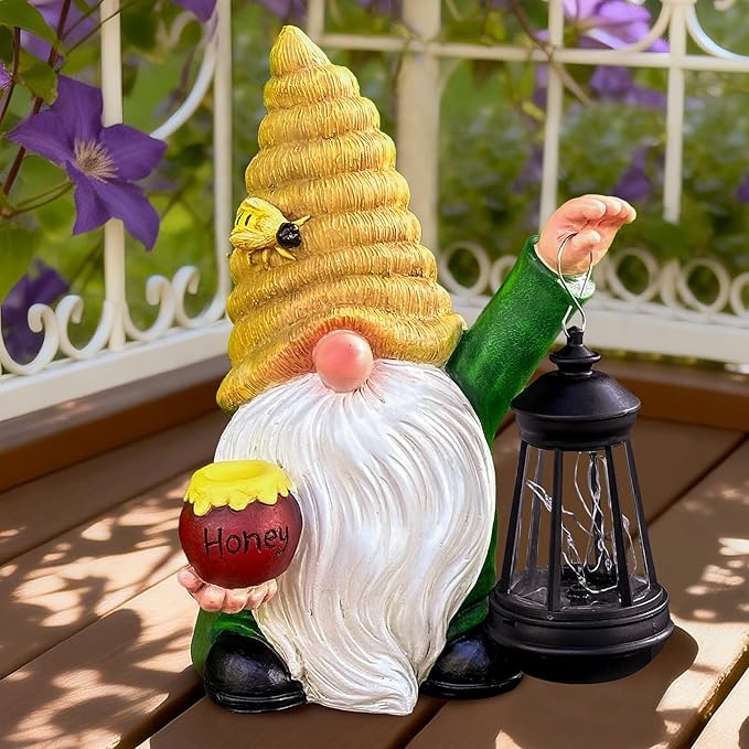 12.3''Solar Garden Gnomes Outdoor Decor Honey Bee jar Gnome Statues with LED Lantern Xmas Patio Lawn Yard Art Decoration Birthday Christmas Gardening Gifts for Mom Dad, Bee Gnome