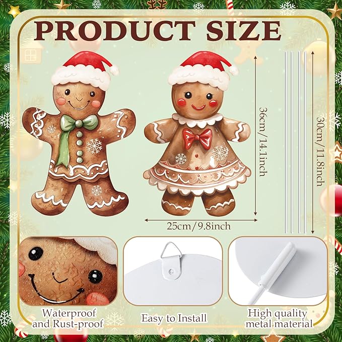Nuanchu 2 Pcs Metal Gingerbread Yard Signs Christmas Yard Sign Stake 26.0 Inches Waterproof Gingerbread Boy and Girl Lawn Signs Christmas Outdoor Decorations for Outside Xmas Garden Holiday Decor