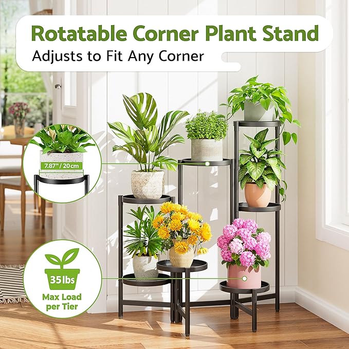 NQW 7 Tiered Metal Corner Plant Stand Indoor Outdoor, Tall Large Folding Rack with Rust Proof 7.9 Inch Wide Tray, Heavy Duty Flower Shelf for Multiple Plants for Patio - BlackDisk