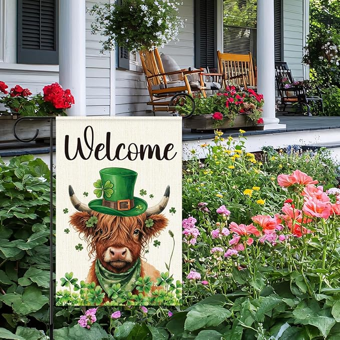 St Patricks Day Welcome Garden Flag 12x18 Inch Double Sided,Shamrocks Cow with Green Hat Outdoor Irish Decor House Porch Flag for St Patrick's Day Party and Yard Decorations