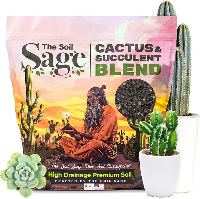 The Soil Sage Cactus & Succulent Potting Mix - 5 Dry Quarts Premium Gritty Fast Draining Soilless Potting Mix for Cactus, Succulents, Jade, Aloe Vera - Healthy Roots - Made in USA