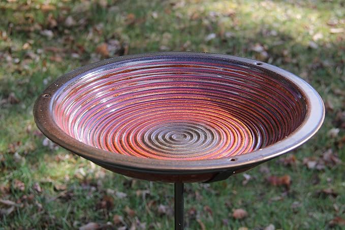 BYER OF MAINE Circles Post Bird Bath, Outdoor Garden and Patio Decor, Porcelain, Glaze Finish, Steel Mounting Post, Outside Bird Pond Fountain, 14"x14"x30", Rustic Red
