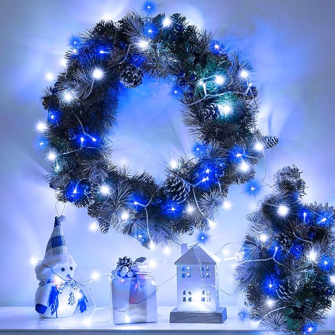Blue White Christmas Lights Outdoor 400 LED Christmas Tree Lights 8 Modes Clear Wire, 131ft Plug in Waterproof Twinkle Fairy Lights for Indoor Outside Bedroom Party Xmas Halloween Decorations