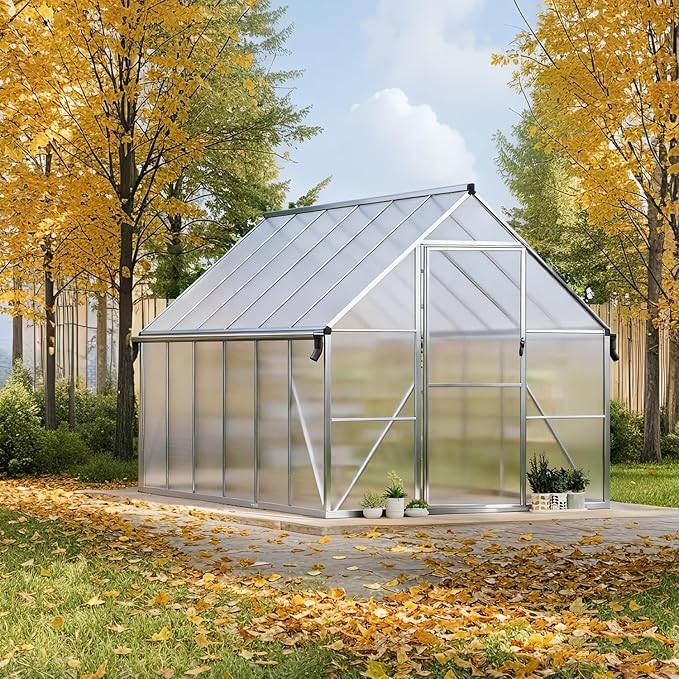 8x12ft Greenhouses for Outdoors, Polycarbonate Greenhouse with Roof Vent, Aluminum Frame Walk-in Greenhouse Kit for Backyard All Seasons Use