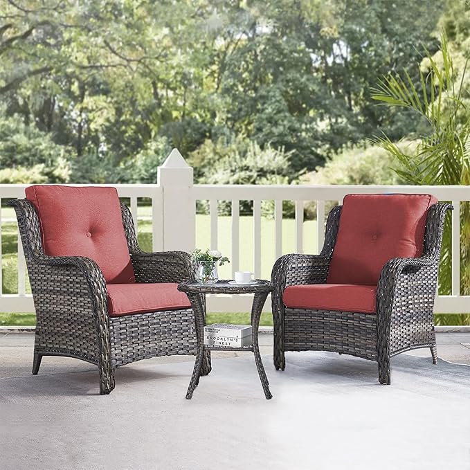 HUMMUH 3 Pieces Patio Bistro Set Wicker Patio Chairs Set of 2 with Tempered Glass Top Side Table Rattan Outdoor Furniture Conversation Set for Yard,Garden,Porch (Grey/Red)