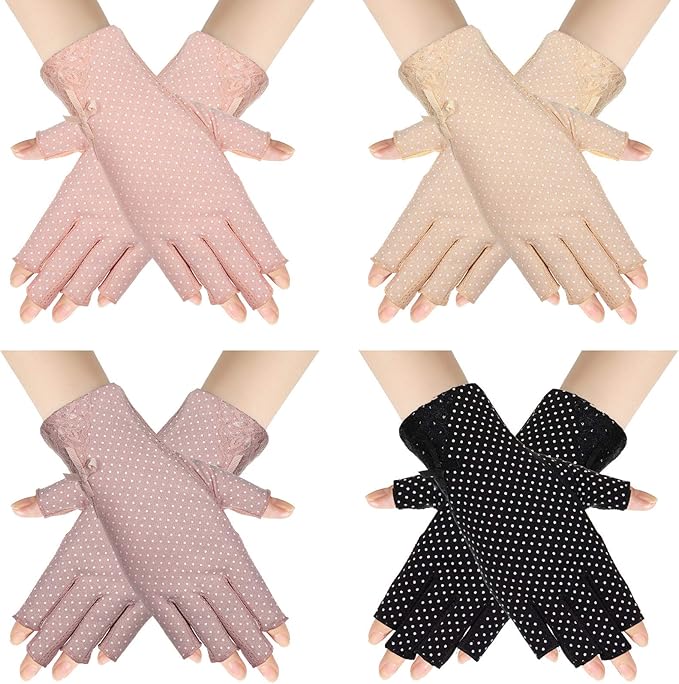 SATINIOR 4 Pairs UV Protection Sun Fingerless Driving Gloves for Women Sunscreen Sunblock Non Slip Gloves for Nail Manicure