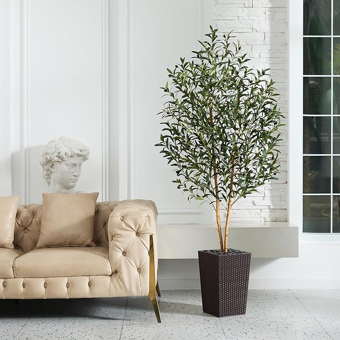 VeriNatural Artificial Olive Tree 6FT - Tall Faux Olive Trees with Natural Wood Trunk, Silk Leaves, Brown Taper Planter & Pebbles, UV Resistant Fake Plants Indoor for Home Decor, Office,Outdoor,VN131
