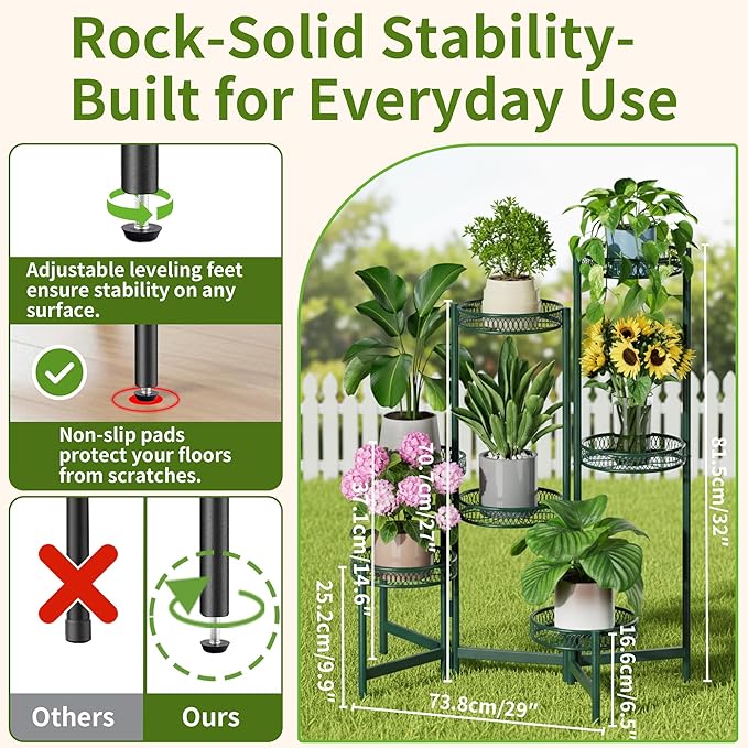 NQW 7 Tier Metal Corner Plant Stand Indoor Outdoor, Folding Tall Plant Rack, Heavy Duty Wrought Iron Flower Pot Stand, Planter Display Rack for Living Room Balcony Garden Patio - GreenFlower