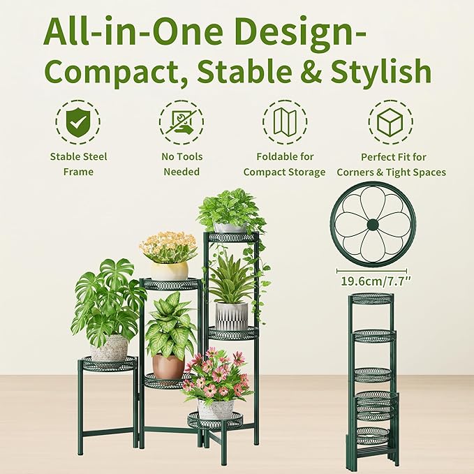 NQW Metal Plant Stands Indoor Outdoor, 6 Tier Plant Stand Corner Plant Shelf, Folding Tall Plant Rack, Heavy Duty Iron Flower Display Holder Stand for Living Room Patio Porch Balcony - GreenFlower
