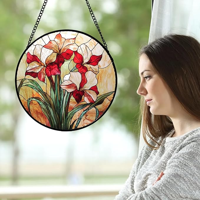 Stained Glass Window Hanging - Red Gladiolus Flower Suncatcher for Door Yard Sun Catchers Decor Christmas Mother's Day Birthday Gifts for Lovers Women Mom Nana Girlfriend Wife 9.8 in