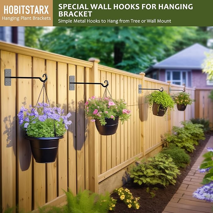 HOBITSTARX Heavy Duty Plant Hangers Outdoor- Hand-Forged Hanging Plant Brackets - 2 Pack 12 Inch Black Wrought Iron Wall Plant Hooks for Hanging Plants, Lanterns, Bird Feeders