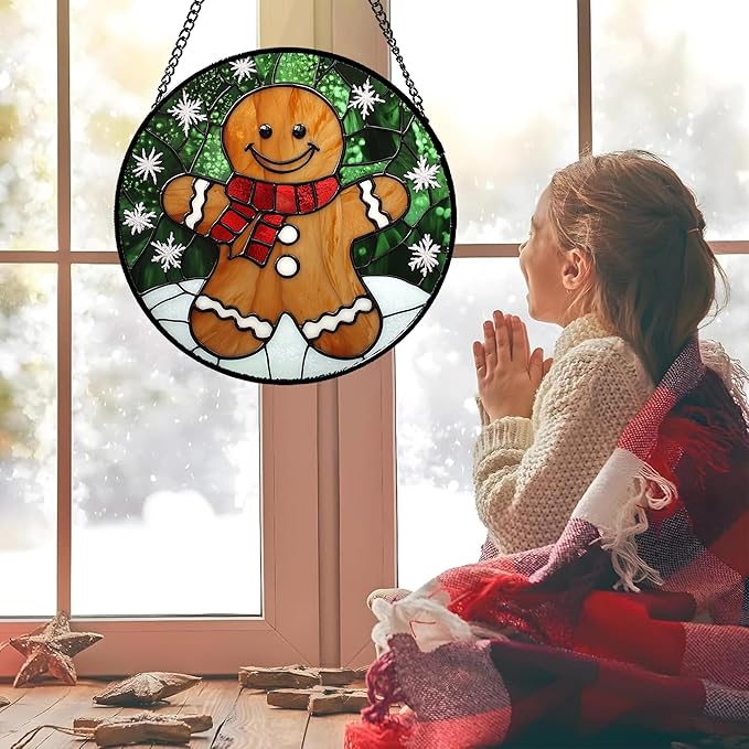 Stained Glass Window Hanging Cute Christmas Gingerbread Man Snowflake 6.3" - Suncatcher Door Garden Sun Catcher Home Decor Birthday for Mom Men Woman Nana Friend