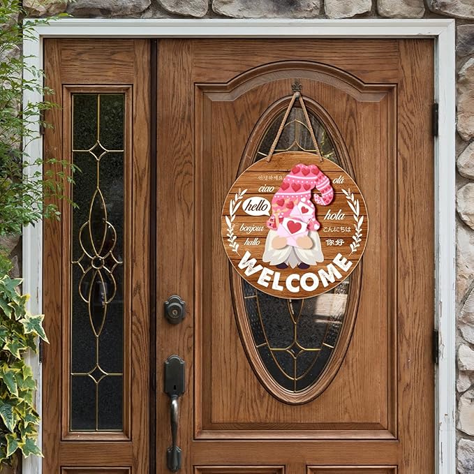 Interchangeable Gnome Welcome Sign Valentine's Day Door Decor, Changeable Gnomes Front Porch Decorations Wall Hanging Wood Wreath Hangers for Spring Summer Fall Winter All Seasons Holiday, Rufous