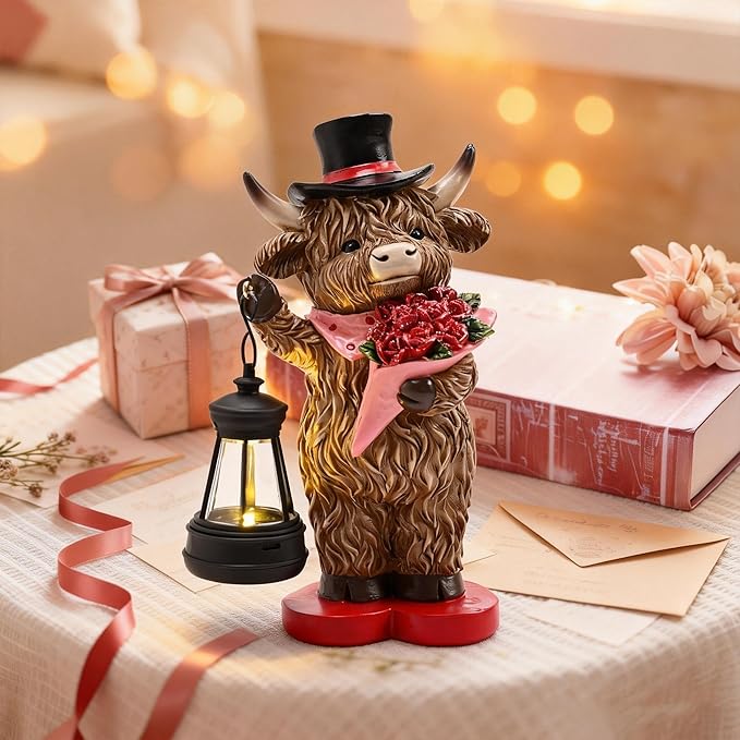 TERESA'S COLLECTIONS 8" Charming Highland Cow Garden Statue with Solar Lantern, Valentine's Day Resin Figurine Holding Roses and Wearing Top Hat, Weatherproof Outdoor Decor for Path Yard Porch