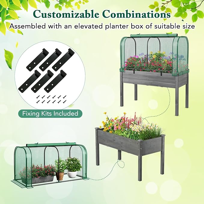 Toolsempire Raised Garden Bed with Greenhouse, Waterproof Sun-Protective Green House with Roll-Up Door & Electroplated Metal Frame, Fir Wood Elevated Planter Box with Drainage Holes(Green+Gray)