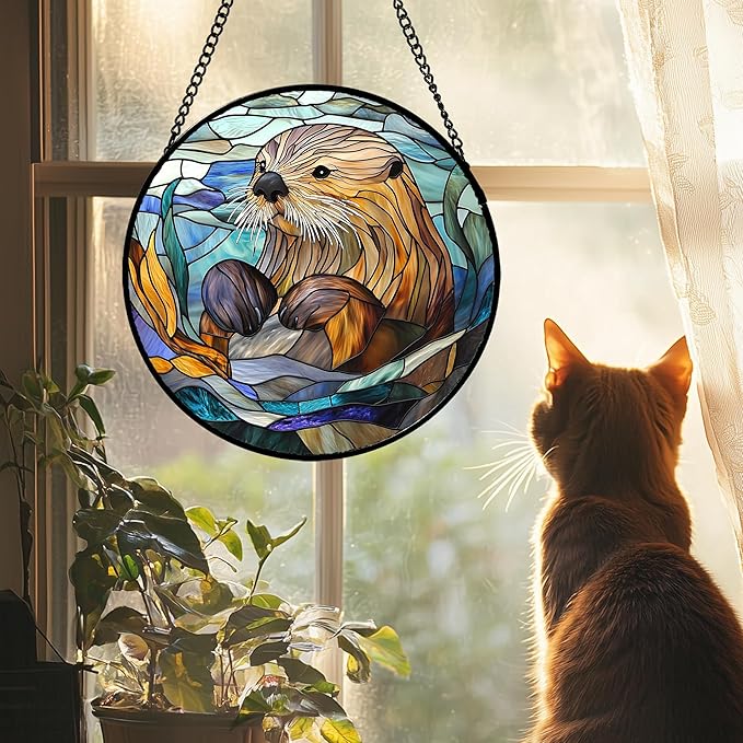 AMDERVEN Stained Glass Suncatcher, Blue Ocean Cute Sea Otter Sun Catcher Stain Glass Window Hanging Decoration Mother's Day Birthday Gifts for Women Men Mom Nana 7.8 in