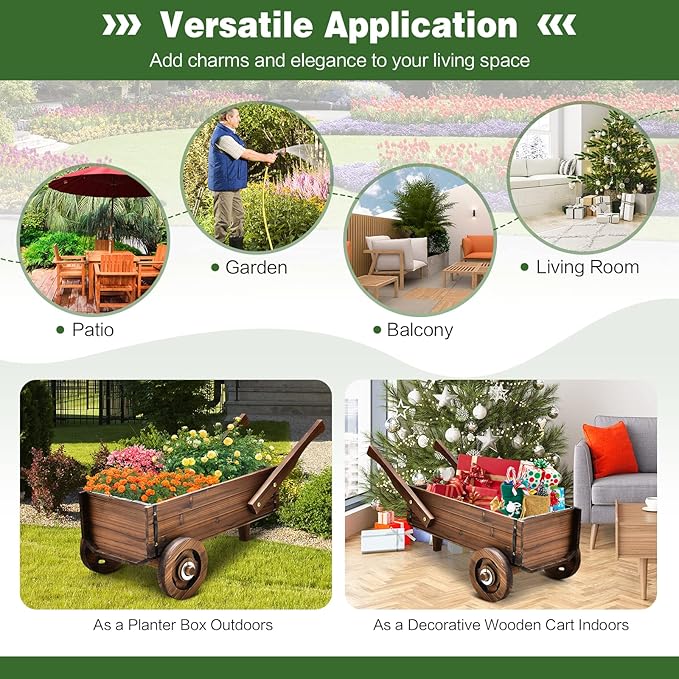 Giantex Wooden Wagon Planter Box, Decorative Wagon Cart with Wheels, Handles, Drainage Hole, Flower Planter Pot Stand, Rustic Flowerpot Planter, Indoor & Outdoor Garden Patio Balcony