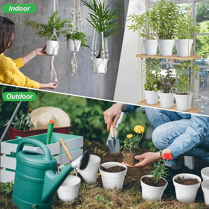 FHWTY 16 Pack Plastic Plant Pots with Drainage Holes and Tray, 4 inch Thickened Indoor Planters Seedlings Nursery Pots for Flowers, African Violet, Succulent and All House Plants, White