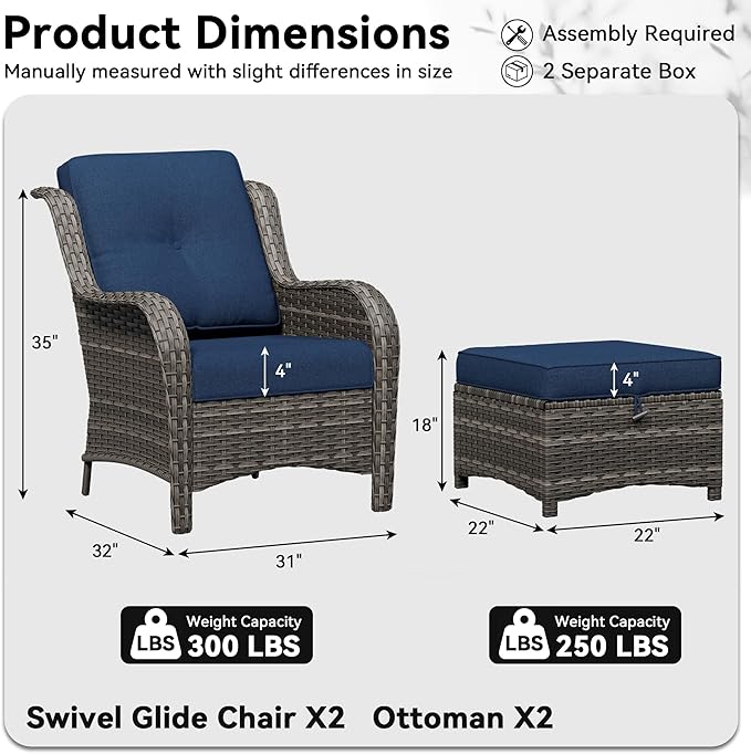 4 Piece Outdoor Wicker Patio Furniture Set, Patio Chairs Set with Thickened Olefin Cushions, High Back and Deep Seating, Hand-Woven PE Rattan, Ottoman for Porch, Deck, Blue