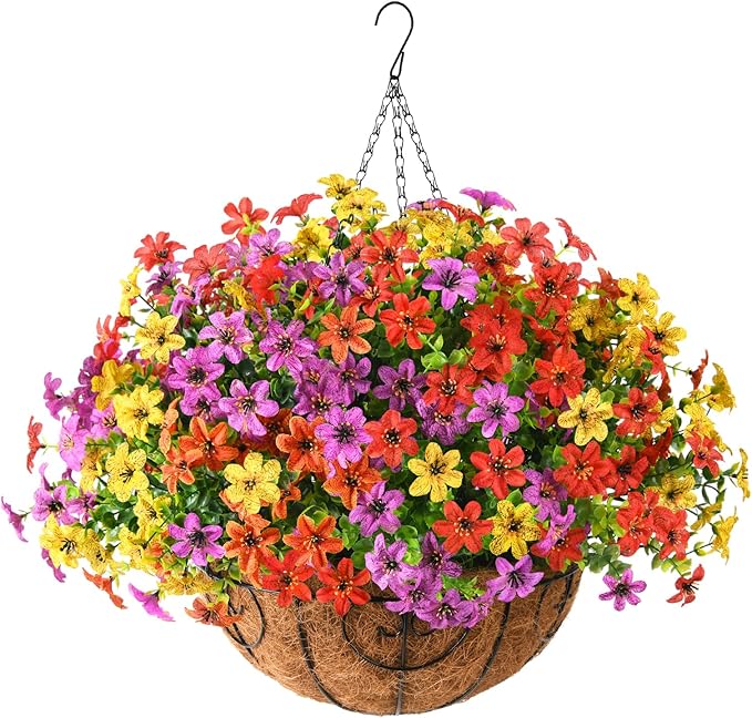 INQCMY Artificial Flowers Hanging Baskets for Outdoors Spring Decor, 12 Bundles Fake Plants Faux Silk Daisy with Eucalyptus Stem UV Resistant for Outside Patio Balcony Garden(4 Mix Colors)