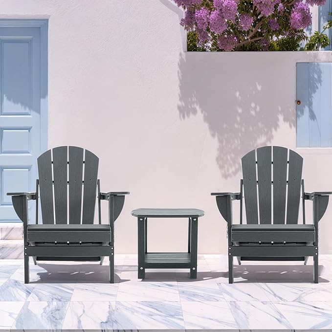4 Chairs & 2 Tables Folding Adirondack Chair Set with Side Table – HDPE Weatherproof Outdoor Patio Chairs with Reclining Back and Cup Holders, 2-Tier Storage End Tables for Firepit Garden(Gray)