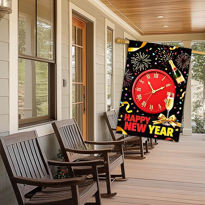 Happy New Year House Flag 28x40 Inch Red Clock Champagne Bottle and Fireworks Garden Flag Colorful Outdoor Yard Decoration Holiday Celebration Banner for Home Porch Lawn