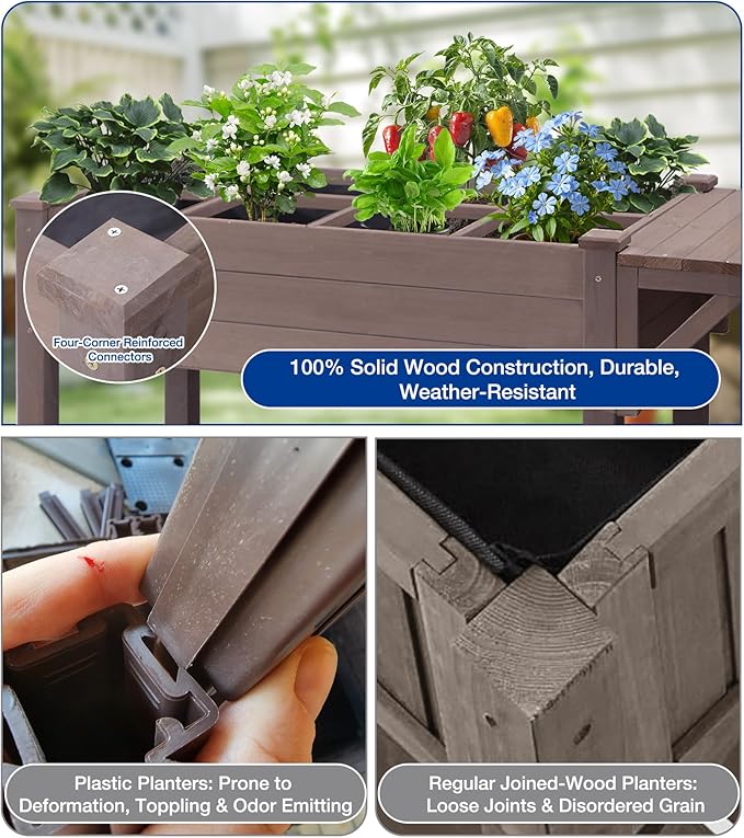 Raised Garden Bed Outdoor with Wheels, 52.7" Elevated Wooden Garden Bed with 8 Planter Boxes, Removable Dividers, Storage Shelf, Standing Mobile Planter with Non-Woven Liner
