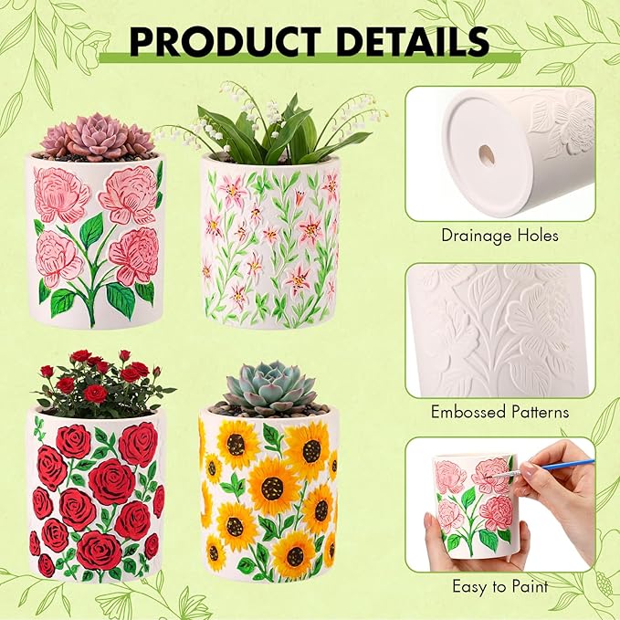 Zubebe 12 Pcs Paint Your Own Flower Ceramic Pots Bulk Unfinished Succulent Pots Painting Kit with Drainage Hole Lily Sunflower Peony Rose Mini Paintable Vase for Spring Valentine Mother DIY Craft
